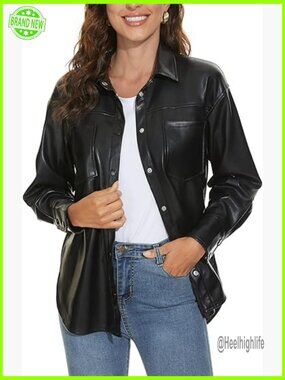 Faux Leather Shacket Moto Biker Jacket Loose Fit Button Casual Blazer Plus Size